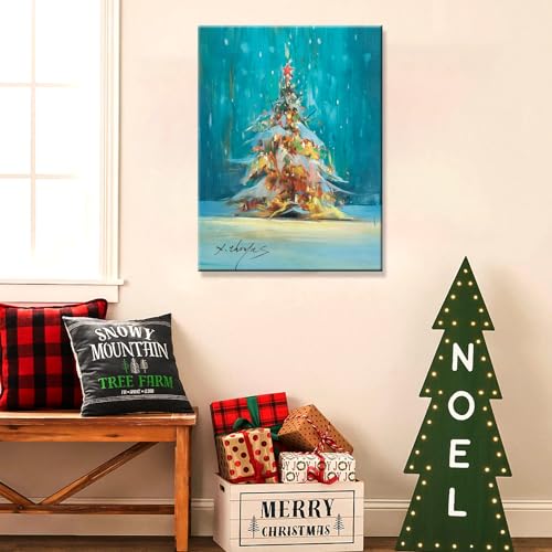 JZLDZS Christmas Tree Canvas Wall Art 24x32 Inches Framed Blue & Yellow Holiday Decor