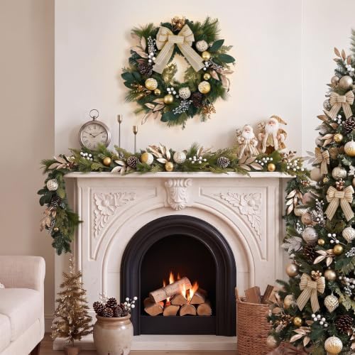 DecorbyHannah 20-Inch Modern Gold & White Prelit Christmas Door Wreath with Lights