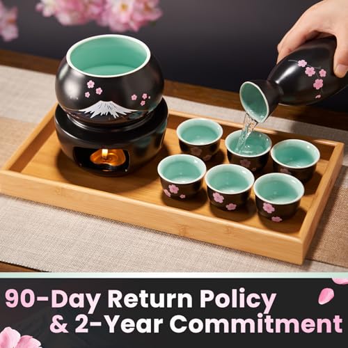 Black DUJUST Japanese Sake Set with Warmer, 6 Cups, Bottle, Candle Stove & Gift Box