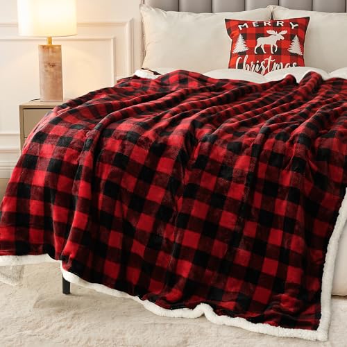 BEAUTEX Twin Sherpa Fleece Buffalo Plaid Blanket - 60x80 inches, Red