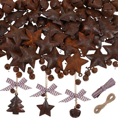 Classic 82 Pcs Rusty Metal Bells Christmas Kit with Jute Twine & Stars