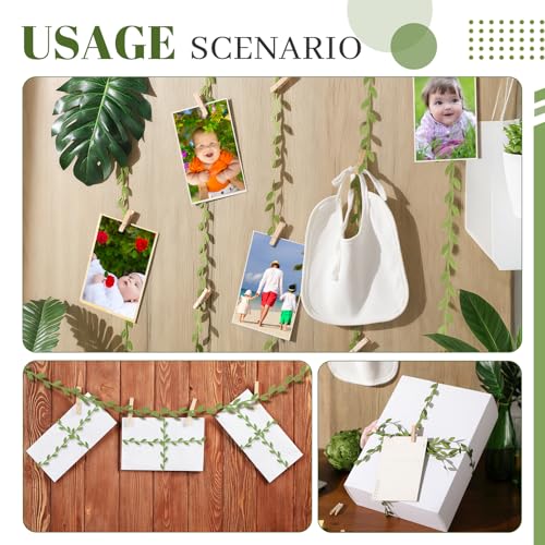 50 Mini Wooden Clothespins and 33ft Leaf Vine Ribbon for Photo Display