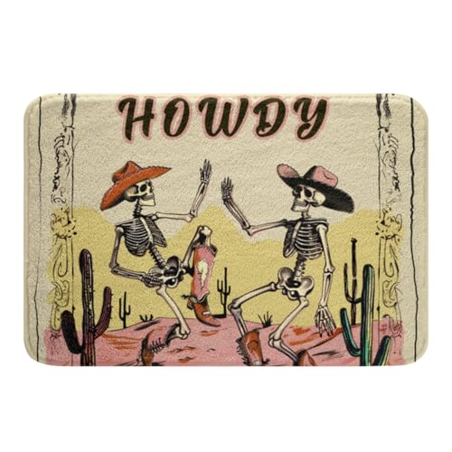 Manfei Cowboy Skeleton Bath Mat - Western Desert Cactus Rug for Kids Bathroom, Non-Slip Plush Floor Decor 20x32 Inches
