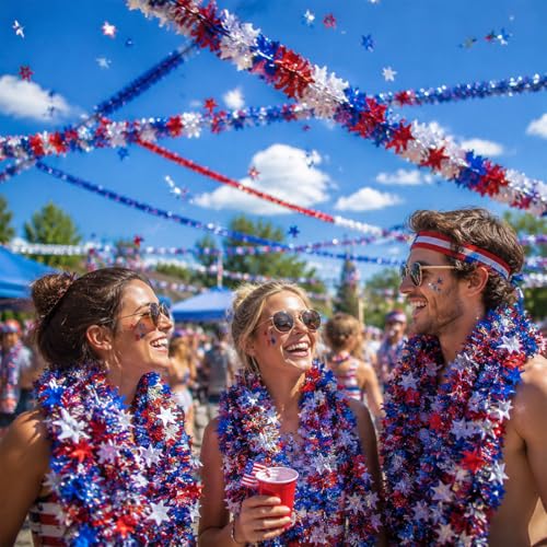 Patriotic Red White & Blue Star Tinsel Garland - 52.5ft 4th of July Decor