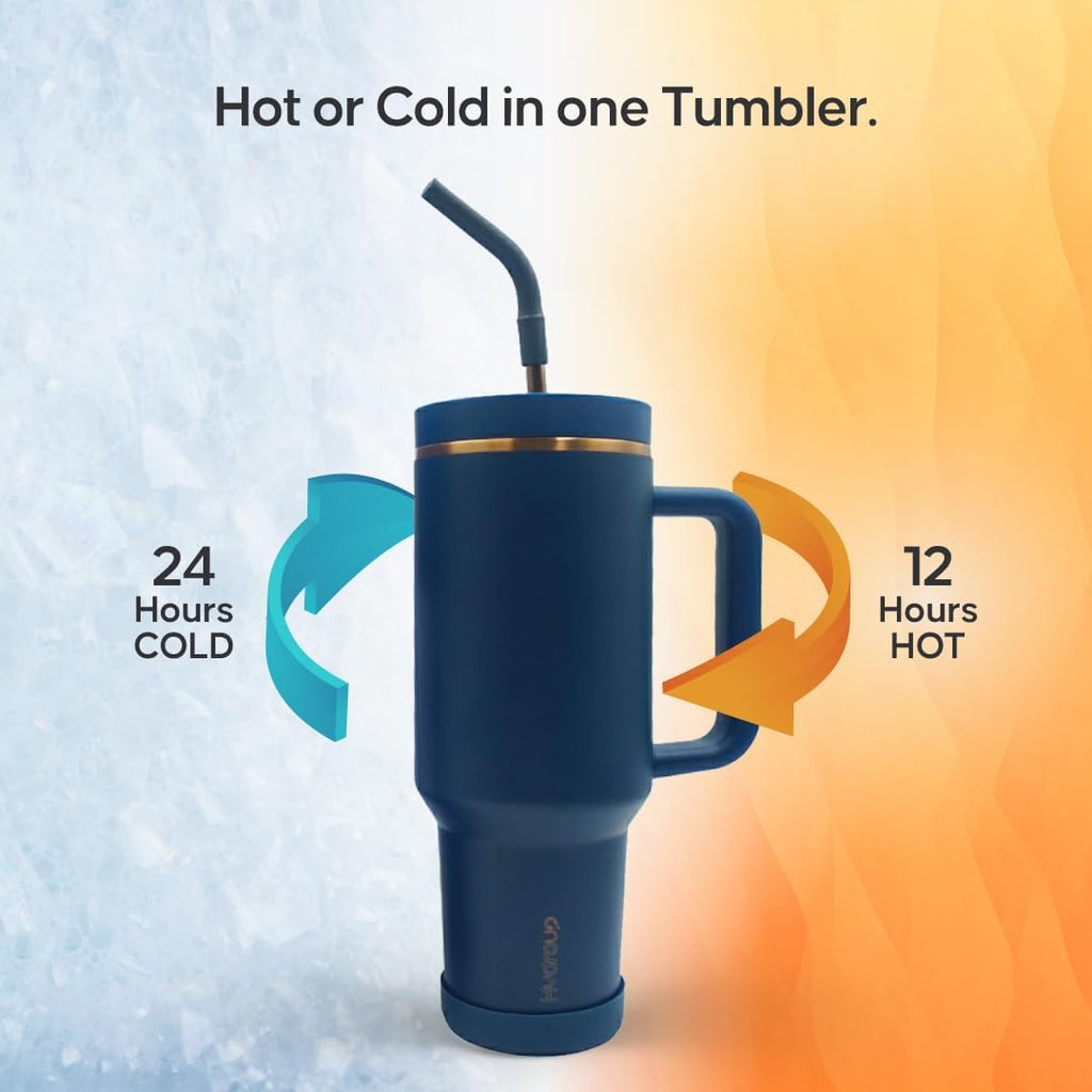 Skiennix 40oz Travel Tumbler Cup - Vacuum Insulated Water Bottle with Handle & Slider Lid | Blue Gold