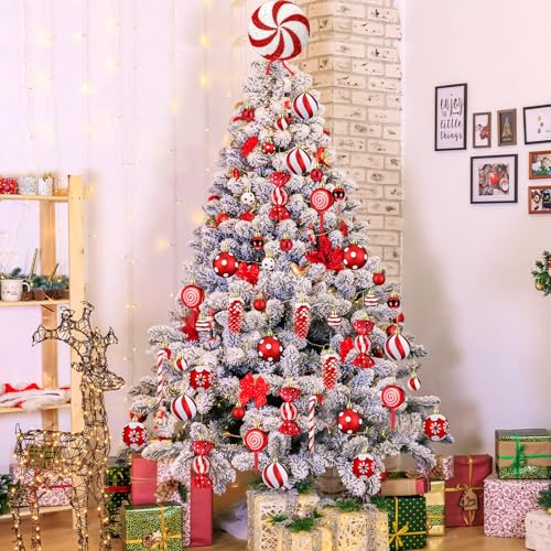 Vercraft 82 Pcs Christmas Candy Ornaments Set – Red & White Candy Cane, Includes 11in Topper