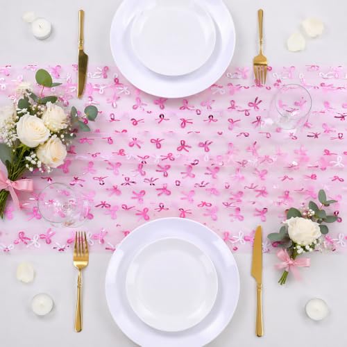 Pink Cheesecloth Table Runner 10FT with Pink Tulle & Bows for Wedding & Party Decor