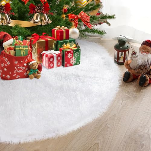 48-Inch White Faux Fur Christmas Tree Skirt - Plush Nordic Snow White