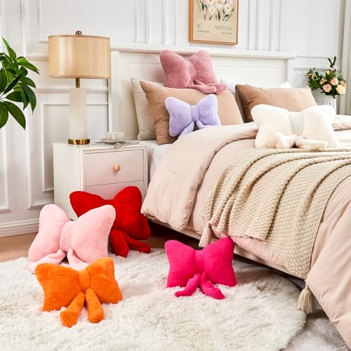 Pink Bow Throw Pillow, Soft Faux Rabbit Fur Decorative Bow Shaped Cushion
