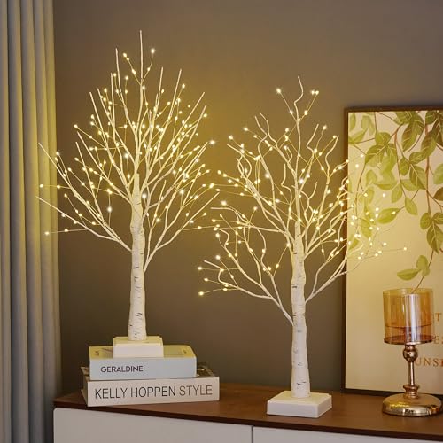 2 Pack BHGNEJN Small Lighted Artificial Birch Trees with Timer, 144 LEDs, 2ft Warm White Tabletop Decor for Bedroom & Holidays