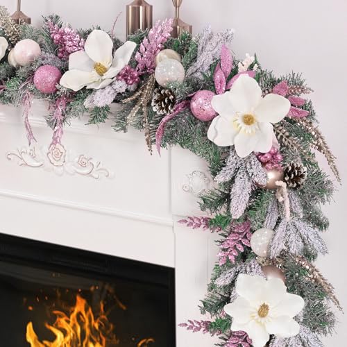 Elyum 2Pcs 6 Ft Pink Christmas Garland with Lights, Magnolia Flowers & Gold Leaves