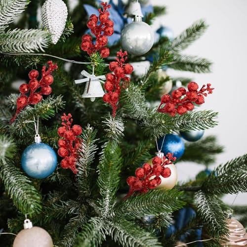 Jremreo 24 Pack 9 Inch Glitter Berry Stems – 15 Berries per Stem, Red Christmas Tree Ornaments & DIY Wreath