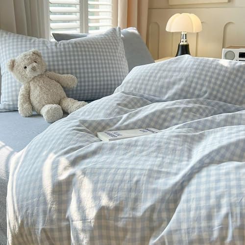 Blue Gingham Duvet Cover Set - Queen Soft Washed Microfiber Bedding