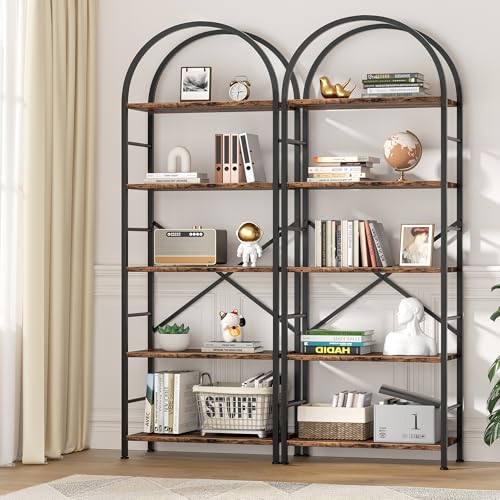 5-Tier Arched Bookshelf, Industrial Metal and Wood Bookcase Storage Organizer