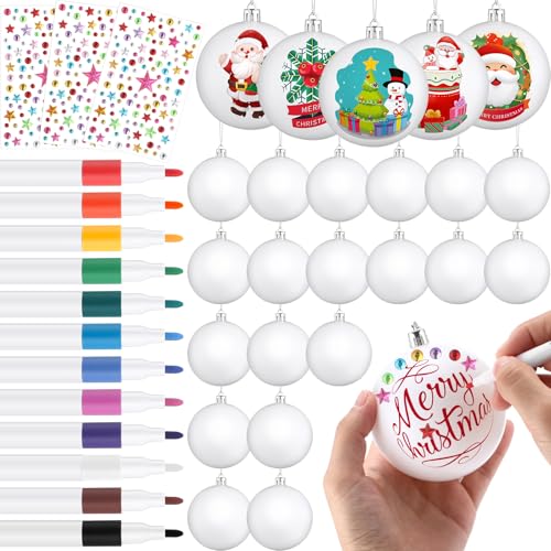 24 Pcs DIY Christmas Ornament Kit - Paintable White Plastic Balls with Markers & Stickers