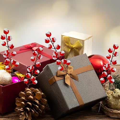 50pcs Christmas Tree Decoration, 8 Inch Snowy Red Artificial Berry Stems Branches, Christmas Berries Picks Berry Branches for Christmas Trees Ornaments Holly Tree Decor