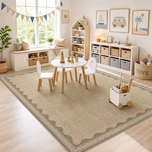 5x7 Scalloped Washable Area Rug, Non-Slip Low-Pile Carpet for Living Room