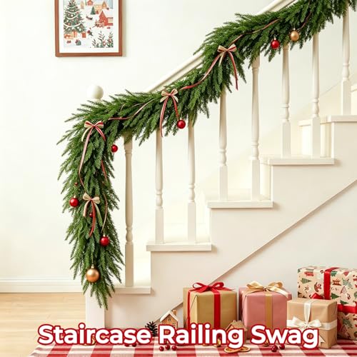 2 Pcs 9 ft Real Touch Norfolk Pine Garland – Faux Winter Mantle Decor
