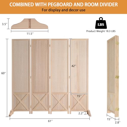 5 FT Freestanding Pegboard Room Divider, 4-Panel Folding Display Screen