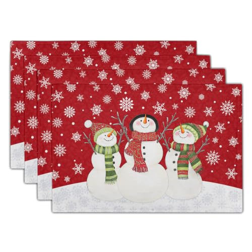 Snowman Placemats Set of 4 - Red Xmas Snowflakes Linen Table Mats 12x18 Inch - Holiday Kitchen Decor