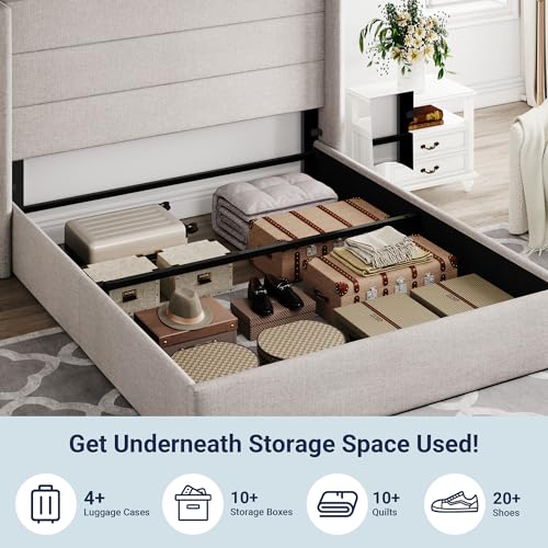 Queen Size Hydraulic Lift Up Storage Bed Frame - Light Beige Wingback