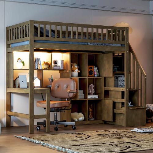 Twin Size Wooden Loft Bed with Desk, LED Lights, Staircase and Storage