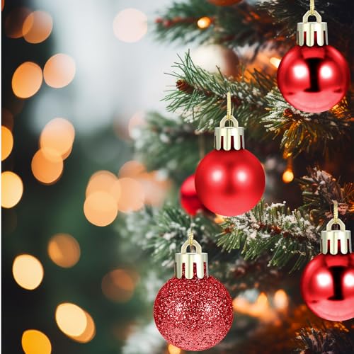 Mini Christmas Tree Ornaments Set - 24 Shatterproof Plastic Balls, 3cm, Red