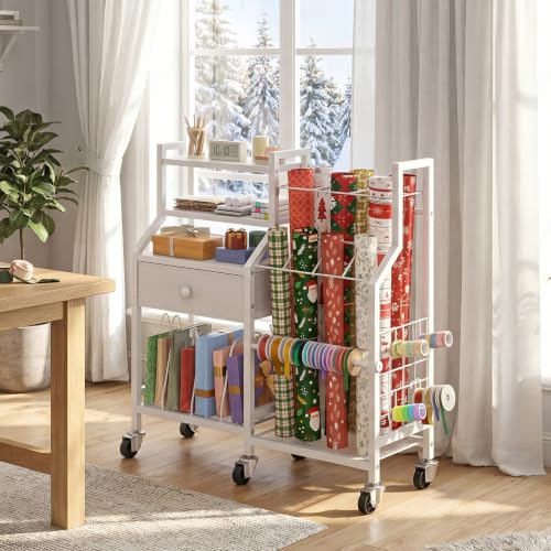 Rolling Gift Wrapping Paper Storage Cart with Drawer and Shelves