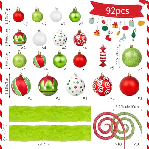 Christmas Decorations 92 Pcs Red Green White Ornaments Set with Glitter & Faux Fur Ribbon