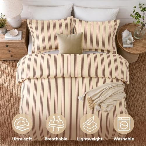 Queen Brown Striped Duvet Cover Set - Soft Brushed Microfiber Bedding
