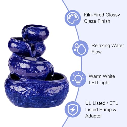4-Tier Ceramic Tabletop Water Fountain, Cobalt Blue Cascading Indoor Decor