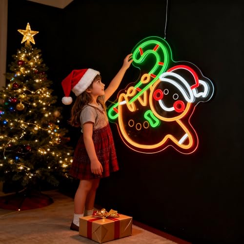 UHEBU Gingerbread Man & Candy Cane Whimsical LED Neon Sign - Christmas Home Decor