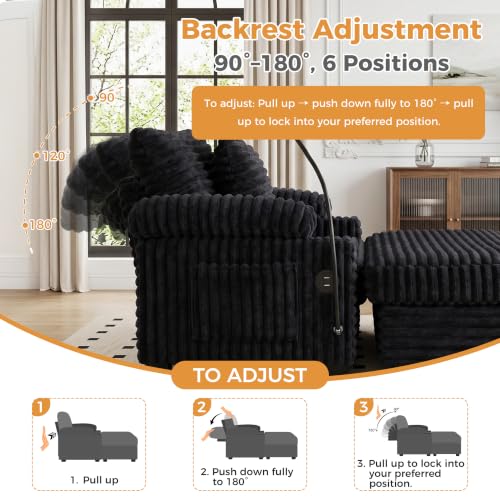 Adjustable Chaise Lounge Chair with Storage Ottoman and USB Charging Port