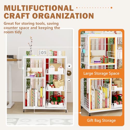 Rolling Gift Wrap Organizer Cart with 20 Roll Holders and 3 Drawers