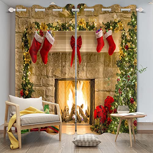 Umpoo 2 Pack Christmas Fireplace Window Curtains - Holiday Red & Xmas Tree Design, 52 x 96 Inches