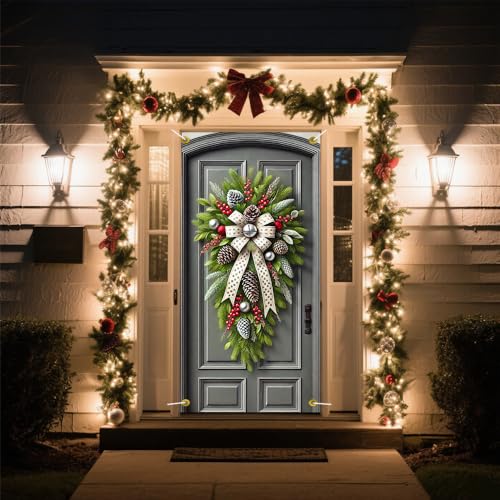 Frosted Pine Swag Christmas Door Cover, 35x71 Inch Holiday Wall Backdrop