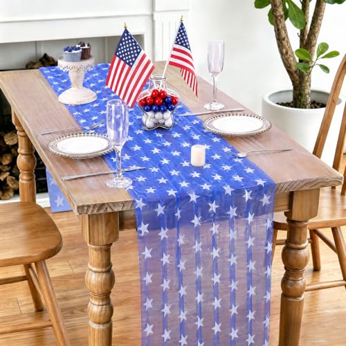 Fanqisi White Star Patriotic Table Runner 29x120 Inch, 2 Pcs 4th of July USA Flag Decor