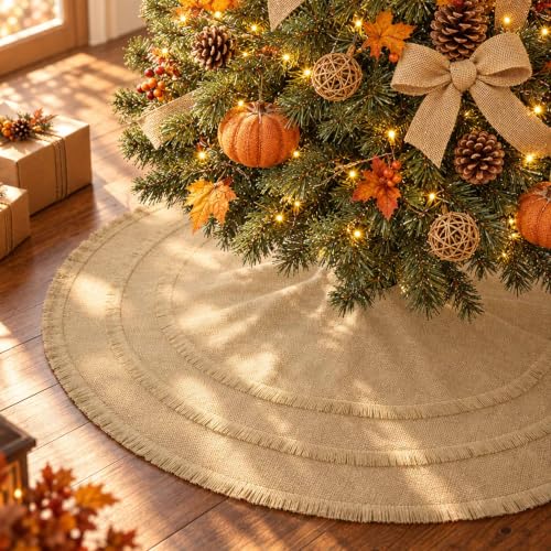 Yuboo 48 Inch Burlap Christmas Tree Skirt with Tassel (Fall) - Rustic 3-Layer 48in
