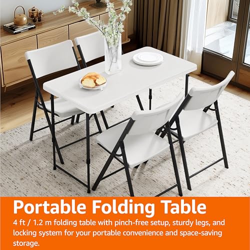 4-Foot Rectangular Folding Table with 4 Adjustable Height Settings & Handle