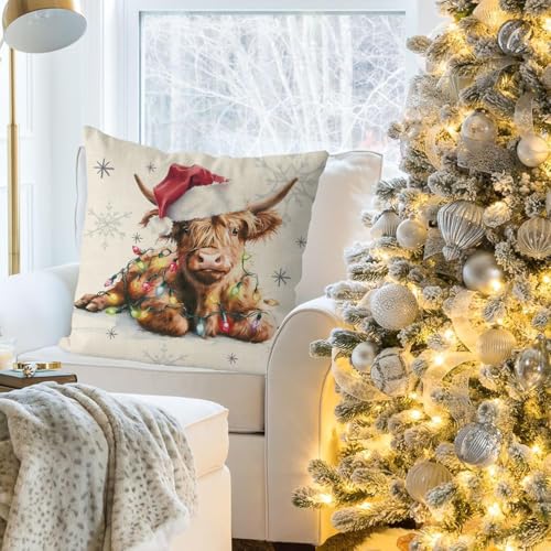GAGEC Christmas Pillow Covers 18x18 Highland Cow Decor Throw Pillow Case