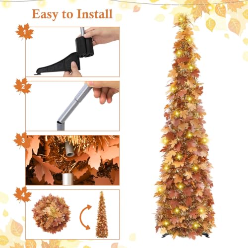5ft Lighted Fall Pop-Up Tree with 100 LED Lights & Timer, Thanksgiving Decor