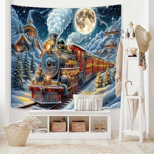 DYNH Christmas Steam Train Tapestry 60x40 Inches Snow Moon Mountain Cabin Railway Wall Hanging for Kids Bedroom & Living Room Decor