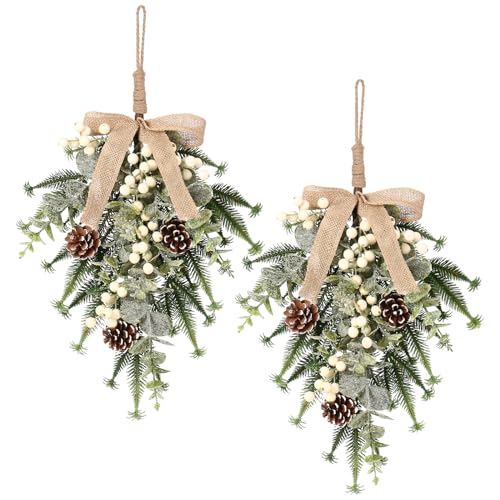 SY Super Bang 2Pcs White Berry Linen Bow Christmas Front Door Wall Decor - 19in