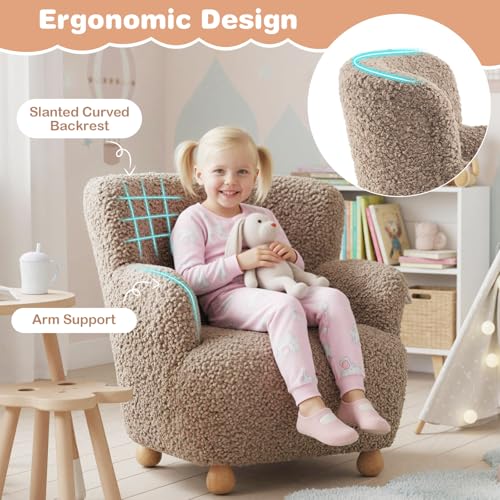 Kids Upholstered Armchair - Ergonomic Toddler Reading Chair, Coffee