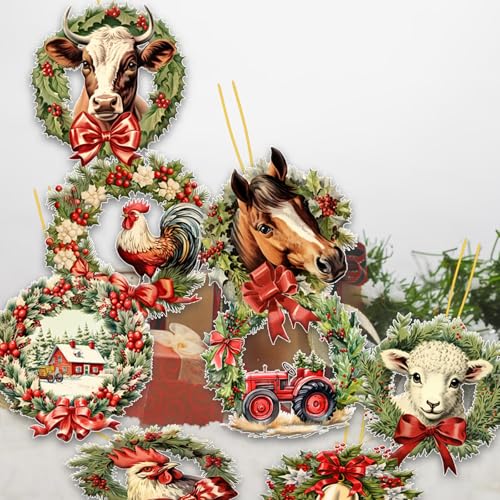 Christmas Farm Animals Wooden Ornaments - Set of 24 Holiday Tree Decorations
