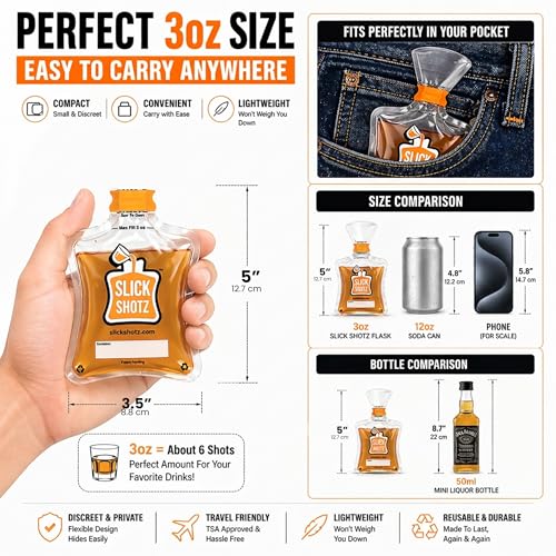 Slick Shotz 25 Pack Heat Sealed Plastic Liquor Flasks – 3oz BPA-Free Reusable Travel Pouches (No Heat Sealer Included)