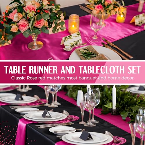 Breling 12 Pack Black and Hot Pink Tablecloths & Satin Runners Set – 54x108" Table Cover + 12x108" Runners
