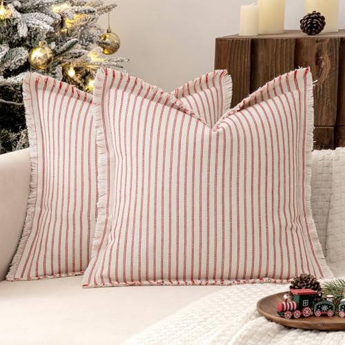 MIULEE Christmas Red Striped Decorative Throw Pillow Covers 18x18 Pack of 2