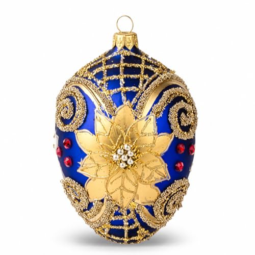 Polish Handmade Faberge Egg Christmas Ornaments Balls Sapphire Matte 5in