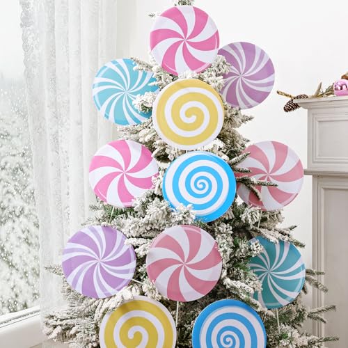 12-Pack Candyland Christmas Tree Picks - Large Peppermint & Lollipop Ornaments, Pink/Blue